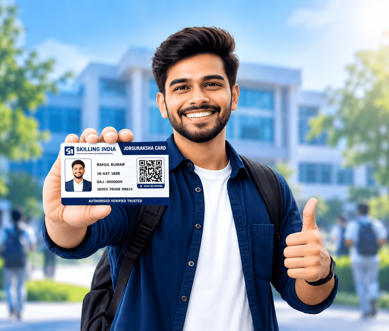 Smiling Student with Skilling India Card Candidate holding job suraksha card